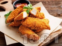 Пилешки хапки от гърди или бон филета с хрупкава коричка от чедър, корнфлейкс и галета - снимка на рецептата